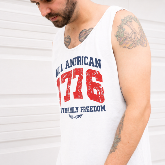 Close-up of soft fabric and patriotic print on women's sleeveless shirt  