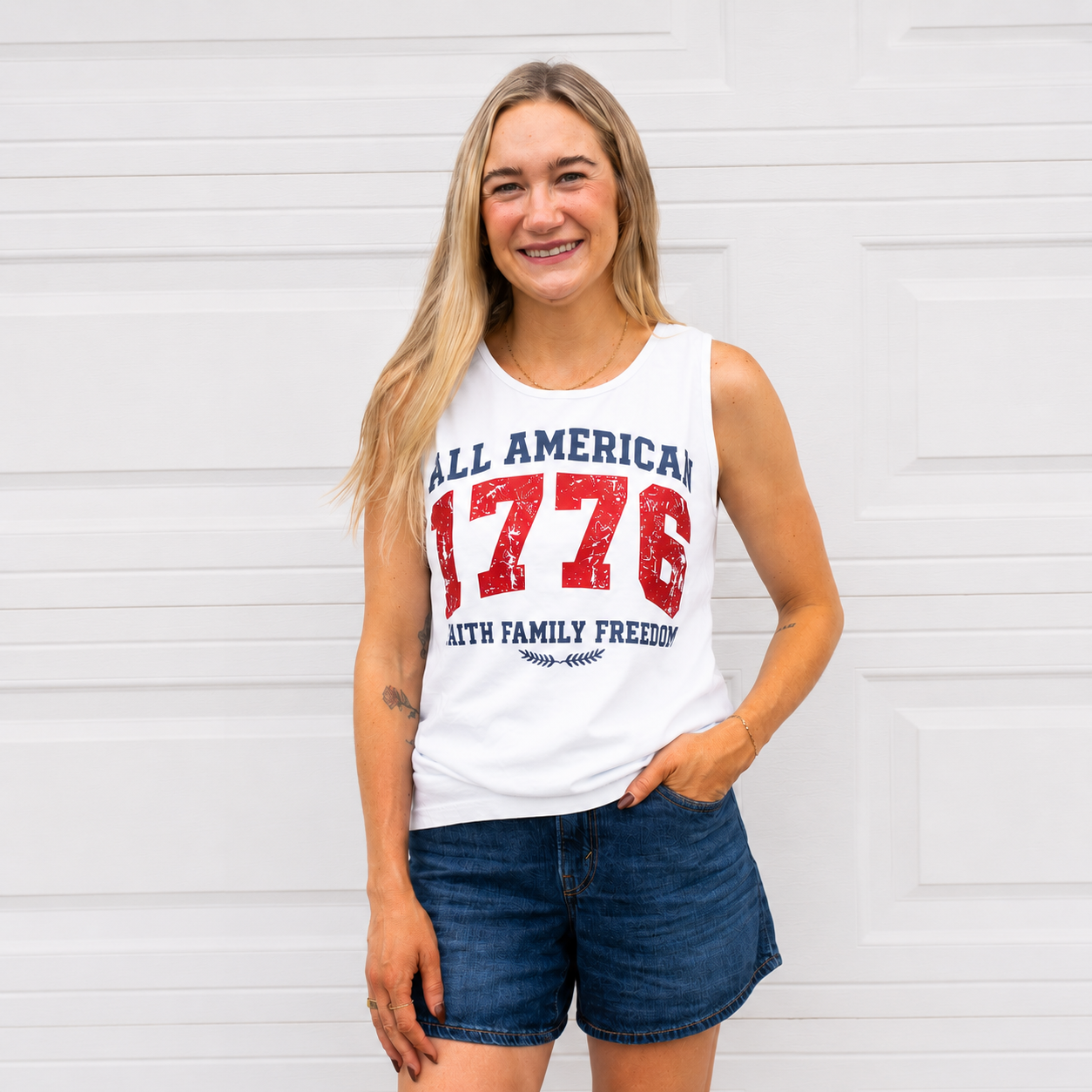 Front view of women's patriotic tank top with 1776 All American design  