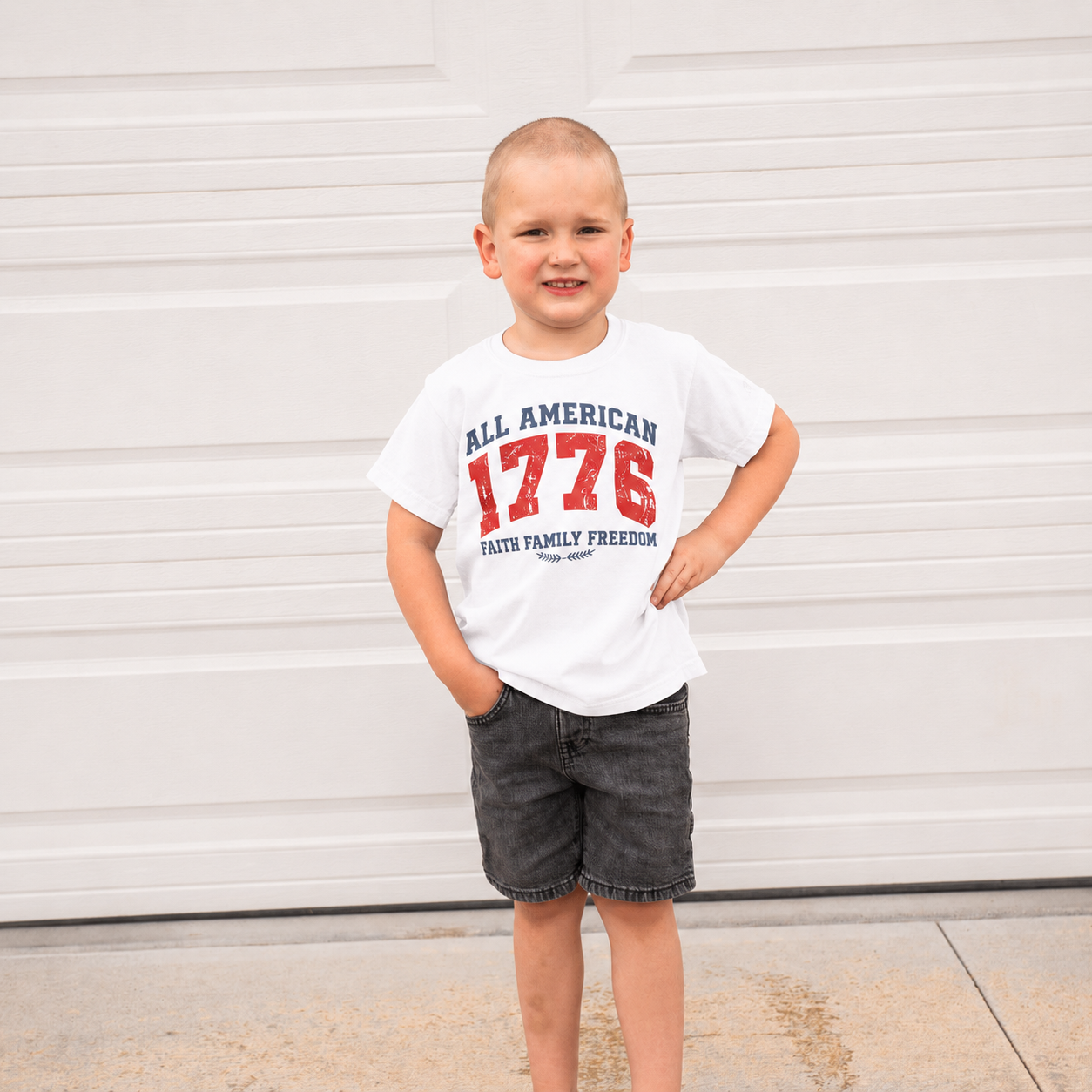 Side angle of youth t-shirt highlighting comfortable fit and detailed religious-themed artwork  
