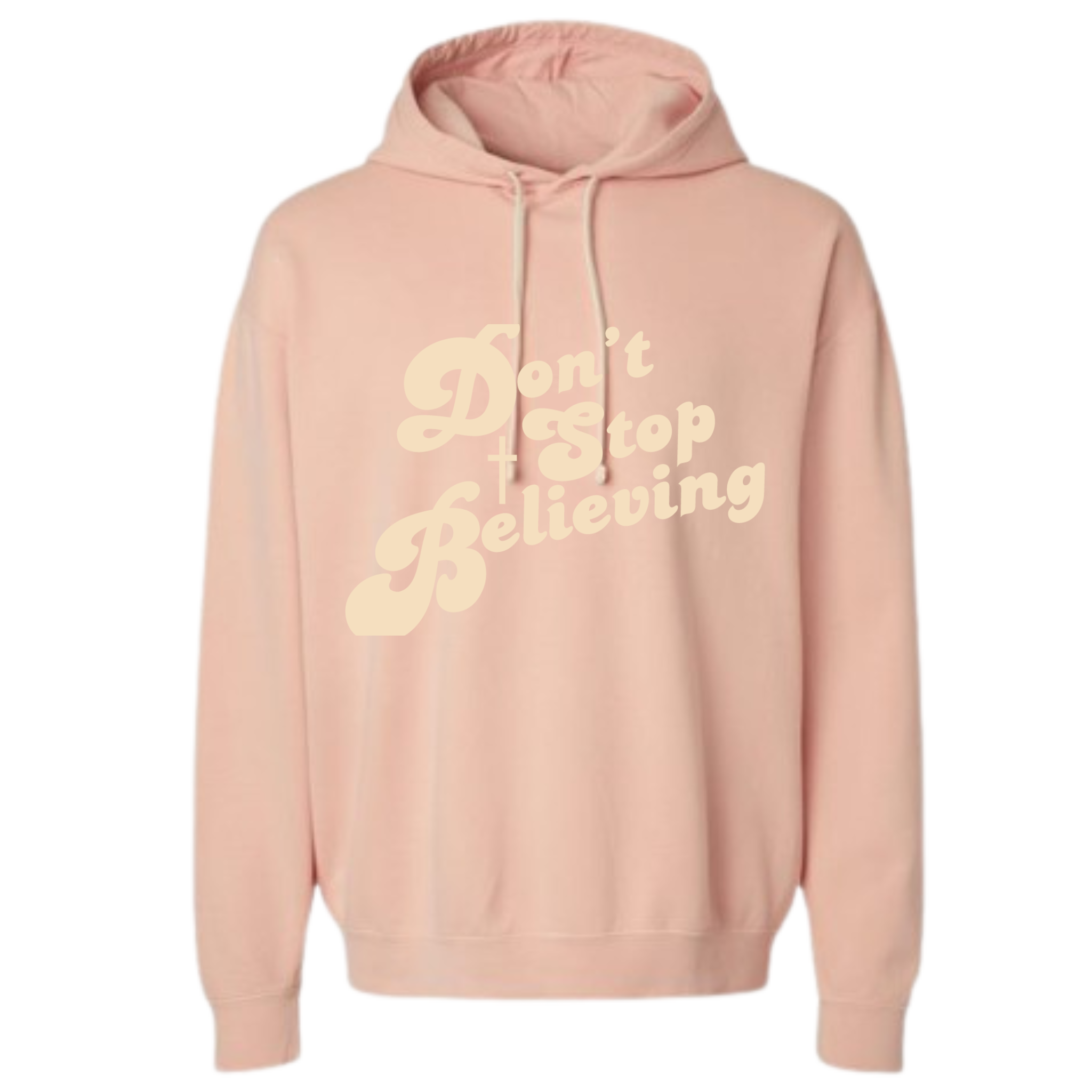 Peach colored Christian hoodie with text that reads 'Don't Stop Believing.'