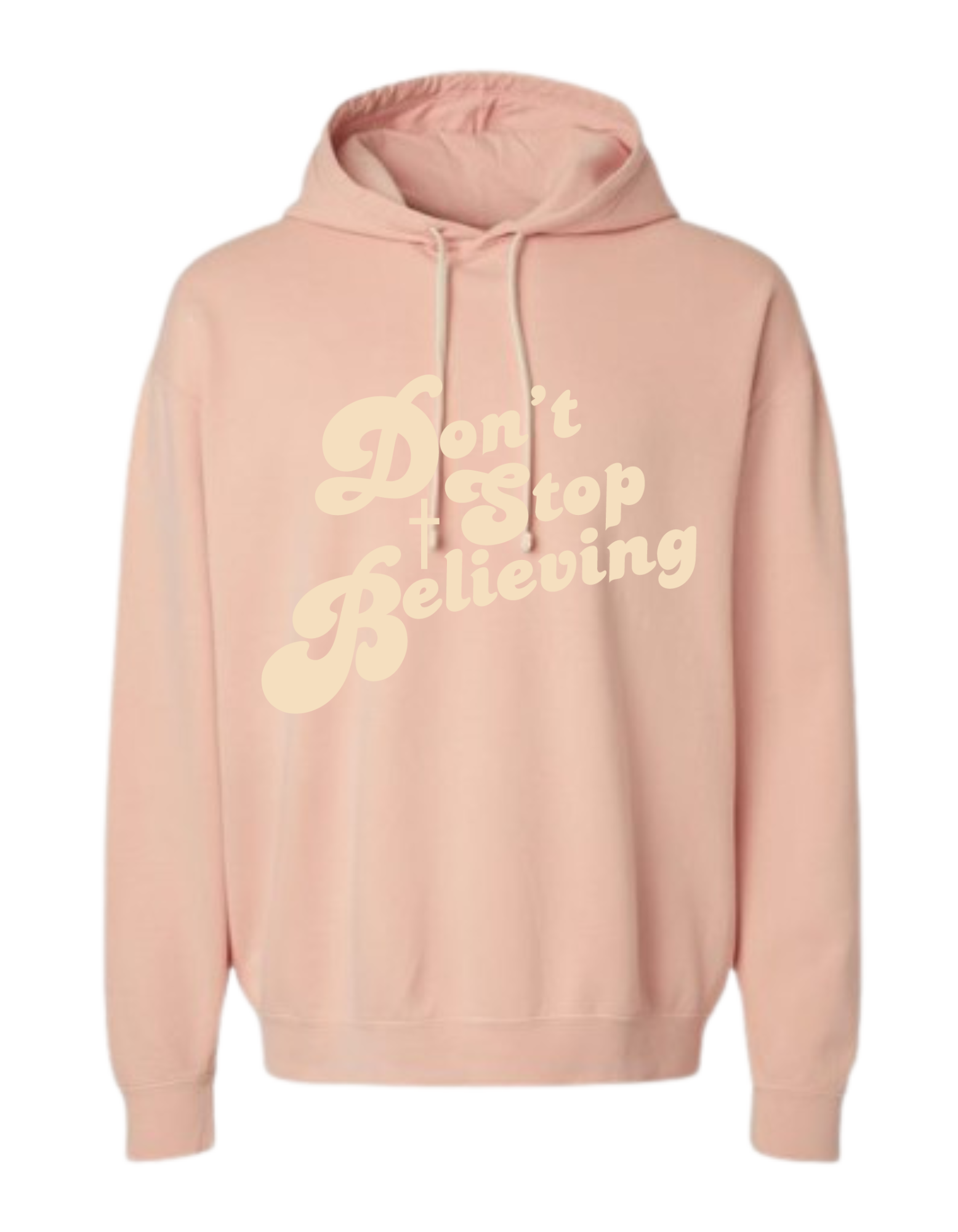 Peach colored Christian hoodie with text that reads 'Don't Stop Believing.'