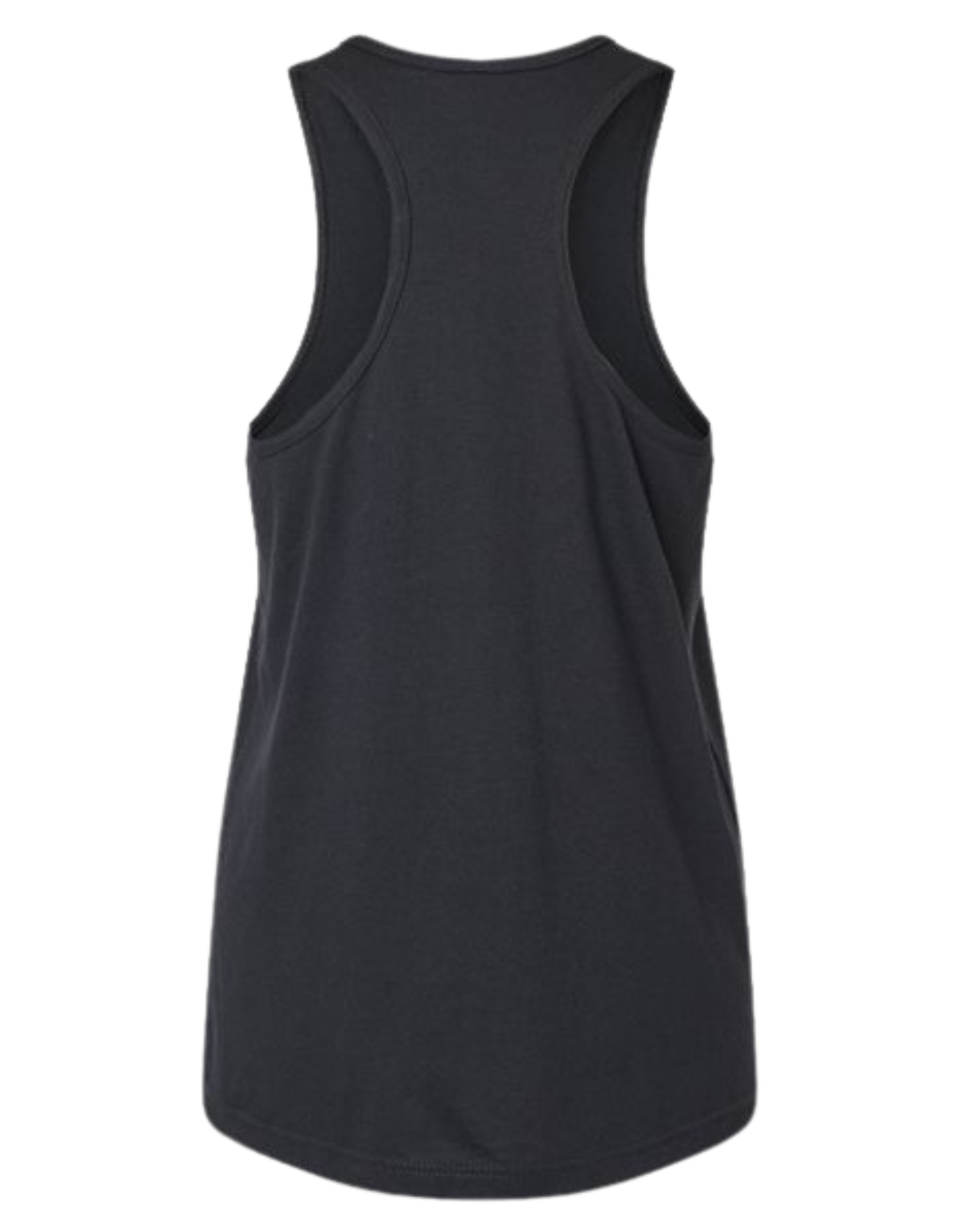 Backside view of a black 'Don’t Stop Believing' Christian women’s racerback tank