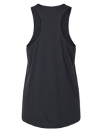 Backside view of a black 'Don’t Stop Believing' Christian women’s racerback tank