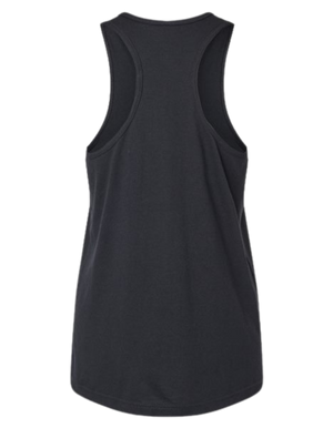 Backside view of a black 'Don’t Stop Believing' Christian women’s racerback tank