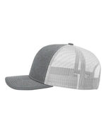 Sideview of a grey and white Christian trucker cap that has Revival Starts Here on the front. 