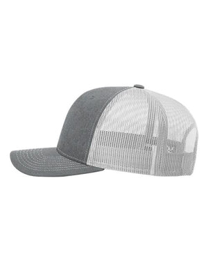 Sideview of a grey and white Christian trucker cap that has Revival Starts Here on the front. 