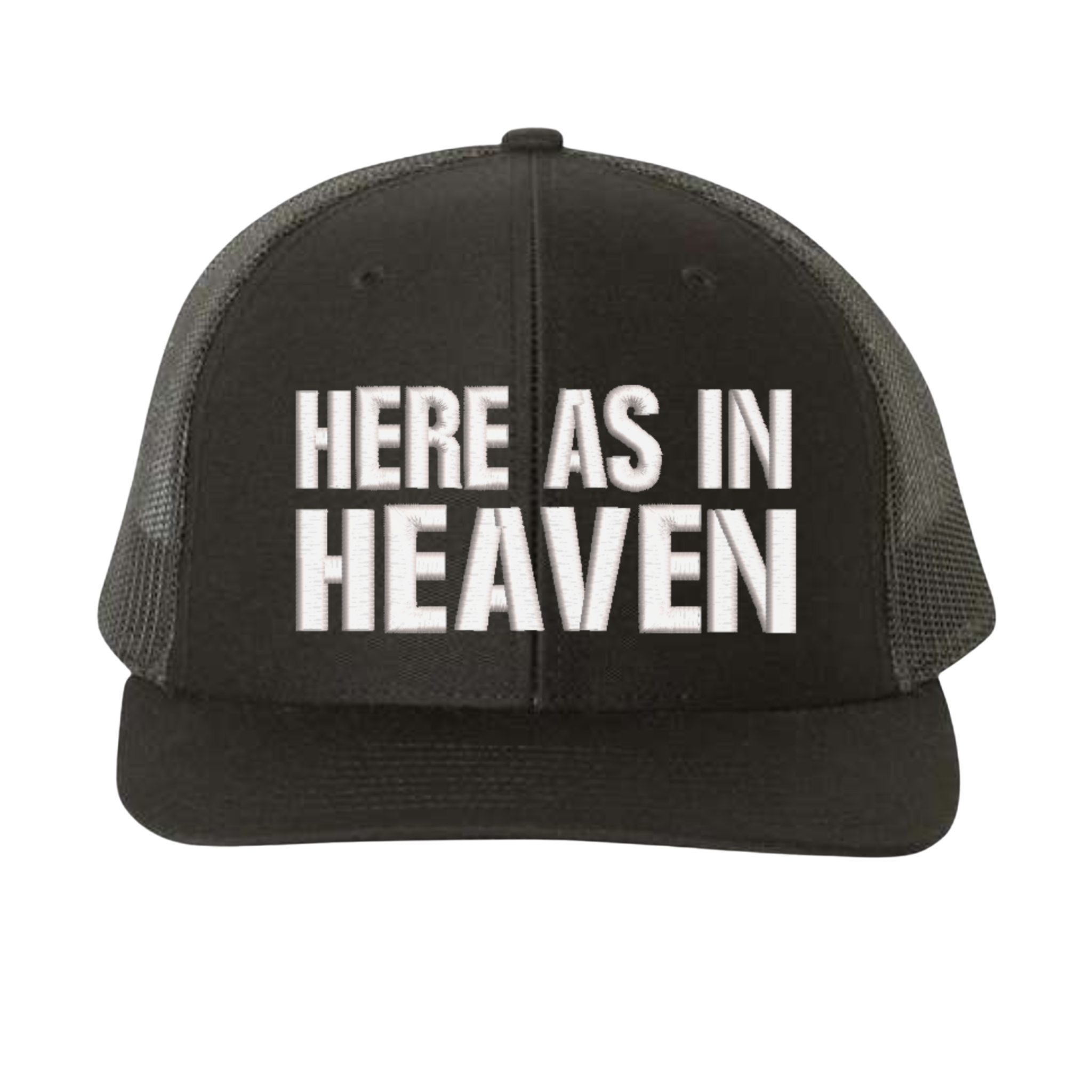 Black cap with 'HERE AS IN HEAVEN' text 