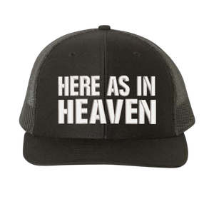 Black cap with 'HERE AS IN HEAVEN' text 