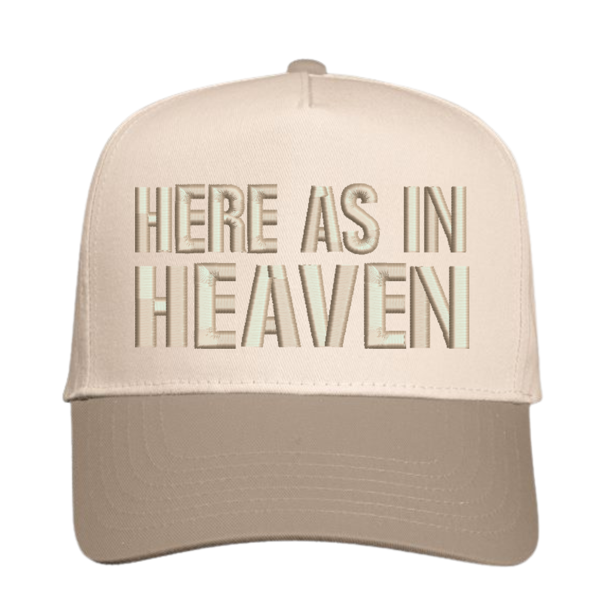 Beige cap with 'HERE AS IN HEAVEN' text 