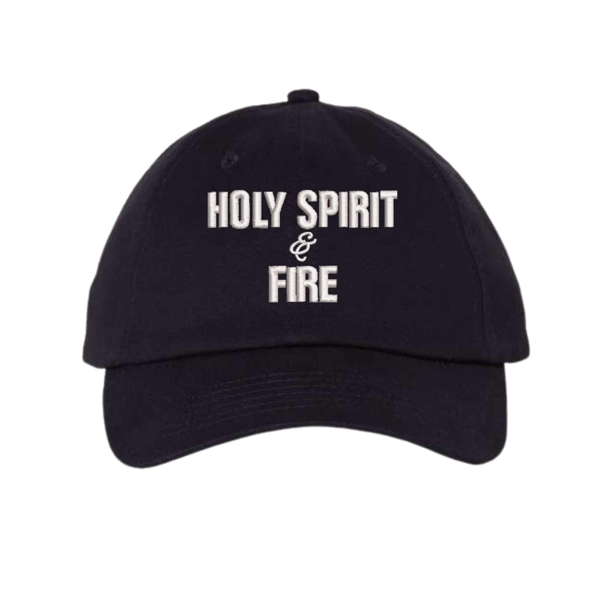 Blue Christian cap with 'HOLY SPIRIT & FIRE' text the front panel.