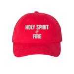 Red Christian cap with 'HOLY SPIRIT & FIRE' text the front panel.
