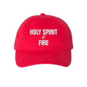 Red Christian cap with 'HOLY SPIRIT & FIRE' text the front panel.