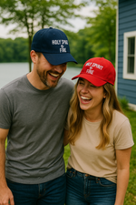 Man and woman wearing Holy Spirit and Fire Christian brushed twill cap