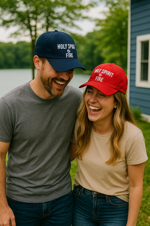 Man and woman wearing Holy Spirit and Fire Christian brushed twill cap