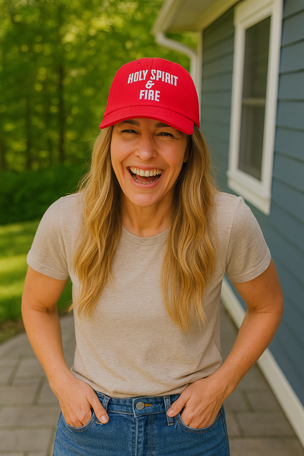 Woman wearing a red cap with 'Holy Spirit & Fire' text, standing outdoors.