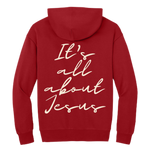 Red Christian hoodie with "It's All About Jesus" printed on the back