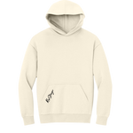 Front view of a beige Christian hoodie with "It's All About Jesus" printed on the back and "Rise Stronger" printed on the front pocket.