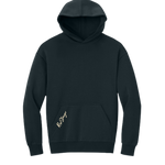 Front view of a navy Christian hoodie with  "Rise Stronger" printed on the front pocket.