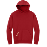Front view of a red Christian hoodie with  "Rise Stronger" printed on the front pocket.