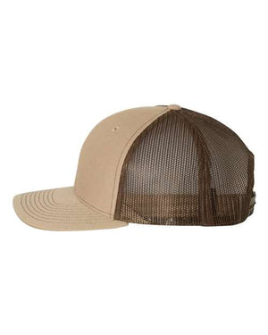 Sideview of a beige and brown Christian trucker cap that has Revival Starts Here on the front. 
