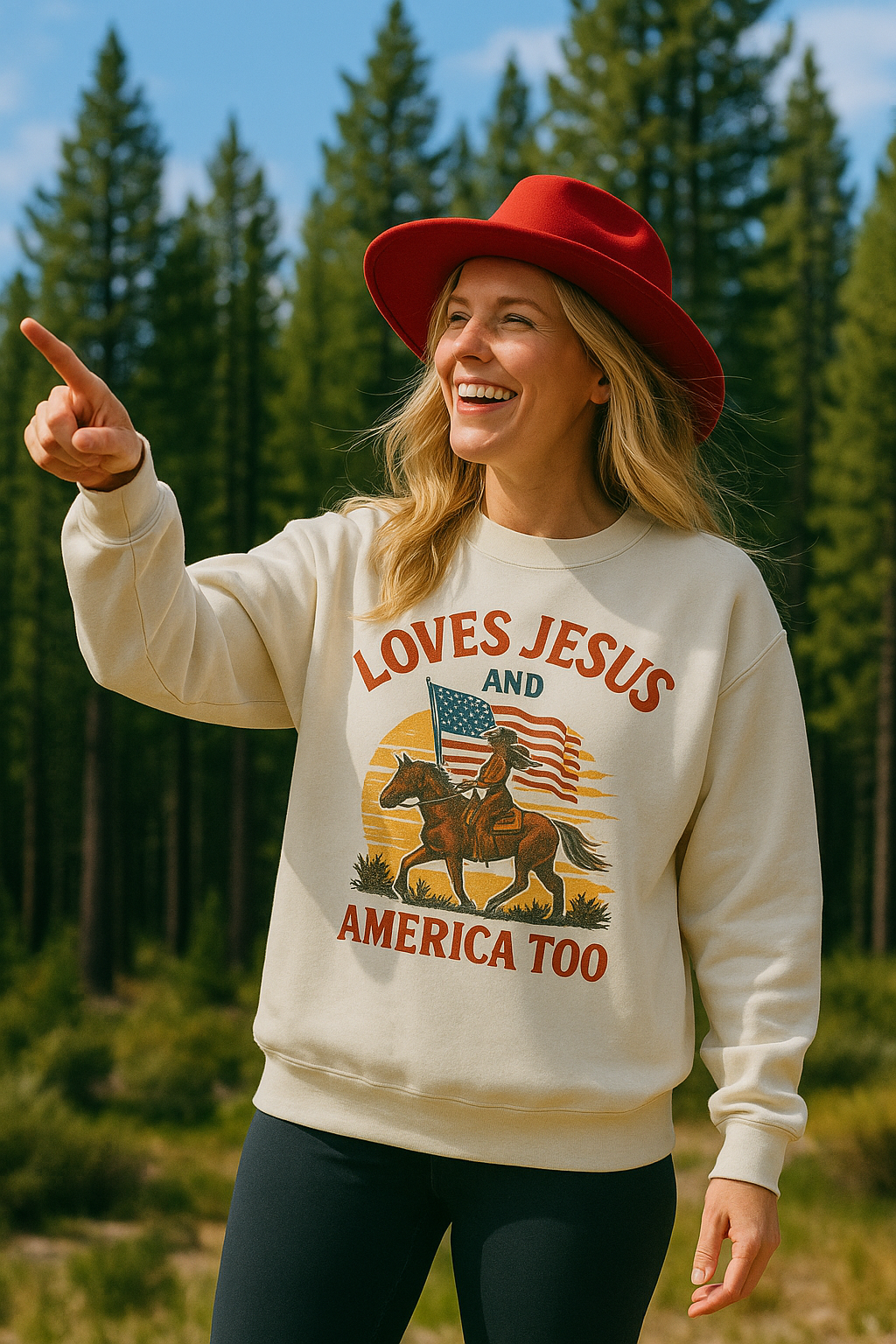 Women wearing Rise Stronger Loves Jesus and America Too crewneck sweatshirt