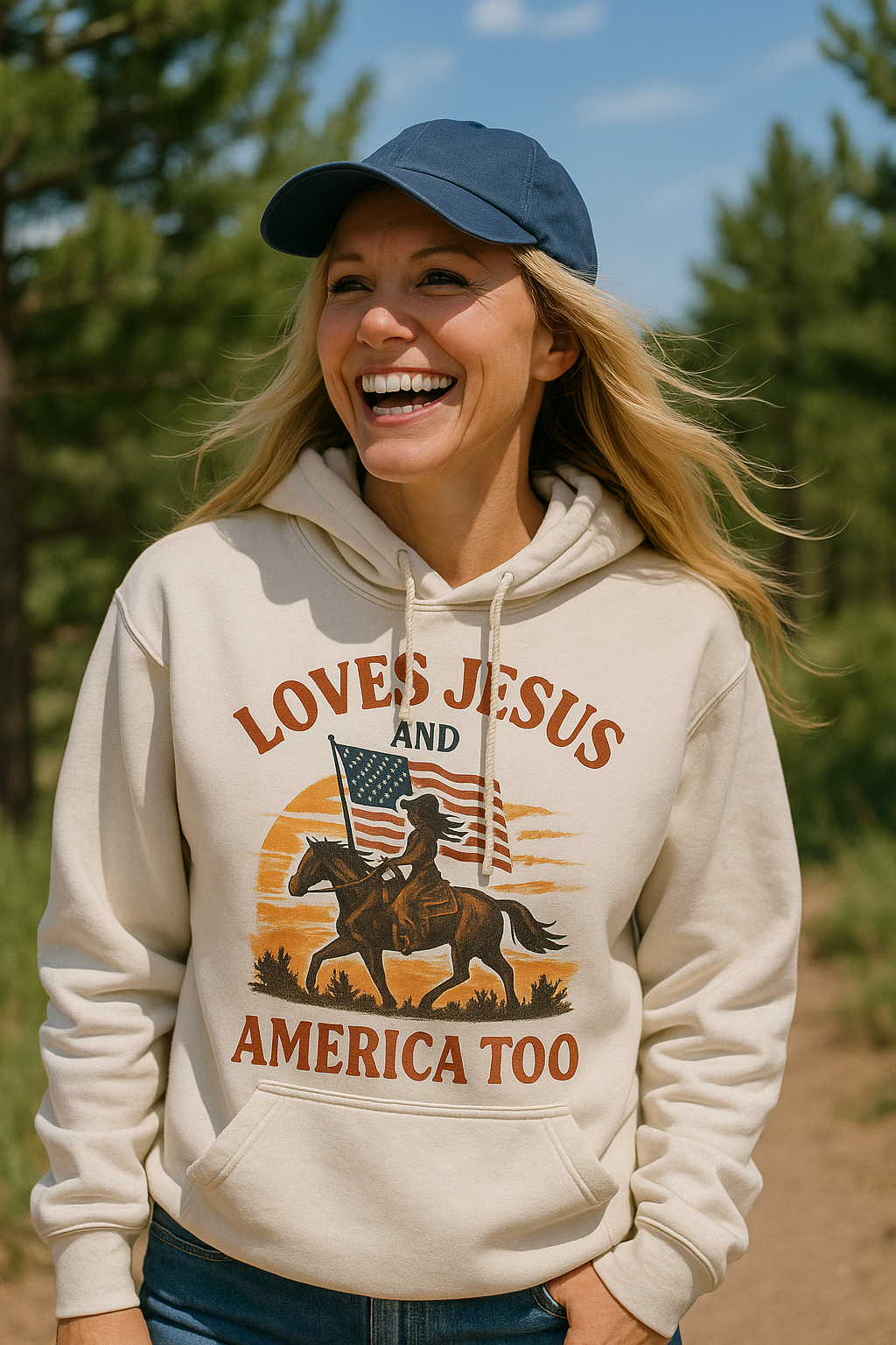 Woman wearing a beige Christian patriotic hoodie with an American flag and text that reads Loves Jesus and America Too.