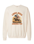 Beige Christian patriotic hoodie with an American flag and text that reads Loves Jesus and America Too.