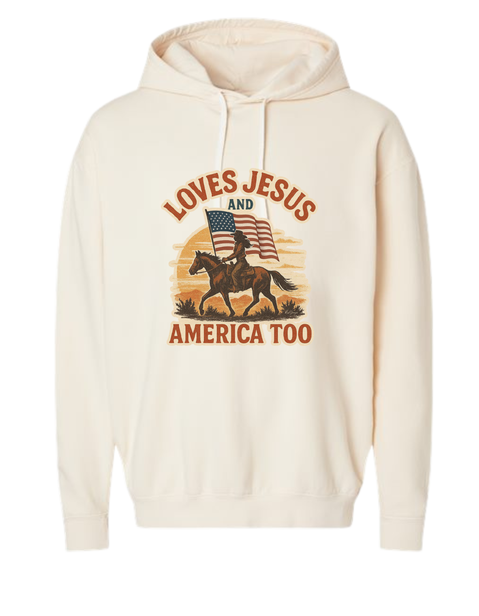Beige Christian patriotic hoodie with an American flag and text that reads Loves Jesus and America Too.