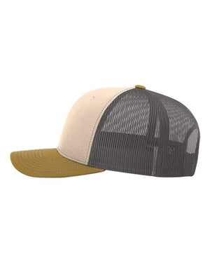 Multicolored Christian trucker cap with beige front, gray mesh back, and mustard yellow brim, with Revival Starts Here on the front panel.