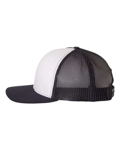 Sideview of a black and white Christian trucker cap that has Revival Starts Here on the front. 