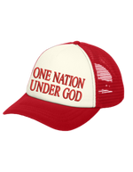 Foam Christian trucker hat with red bill, red mesh back and white front panel that includes 'One Nation Under God' in red text.
