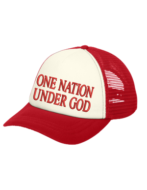 Foam Christian trucker hat with red bill, red mesh back and white front panel that includes 'One Nation Under God' in red text.