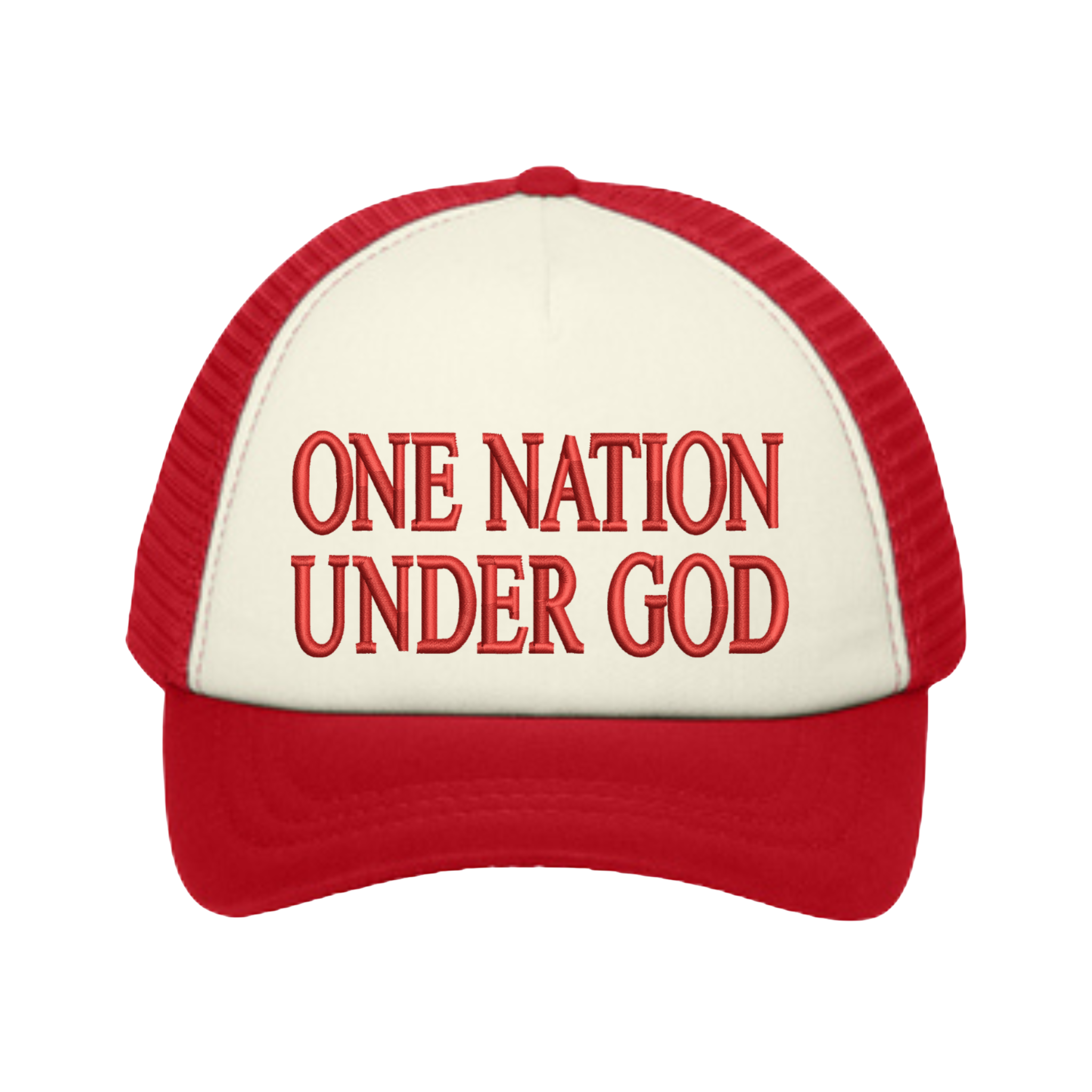 Foam Christian trucker hat with red bill, red mesh back and white front panel that includes 'One Nation Under God' in red text.