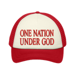 Foam Christian trucker hat with red bill, red mesh back and white front panel that includes 'One Nation Under God' in red text.