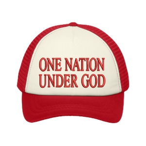 Foam Christian trucker hat with red bill, red mesh back and white front panel that includes 'One Nation Under God' in red text.