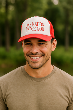 Male wearing a One Nation Under God foam trucker hat – Christian patriotic design
