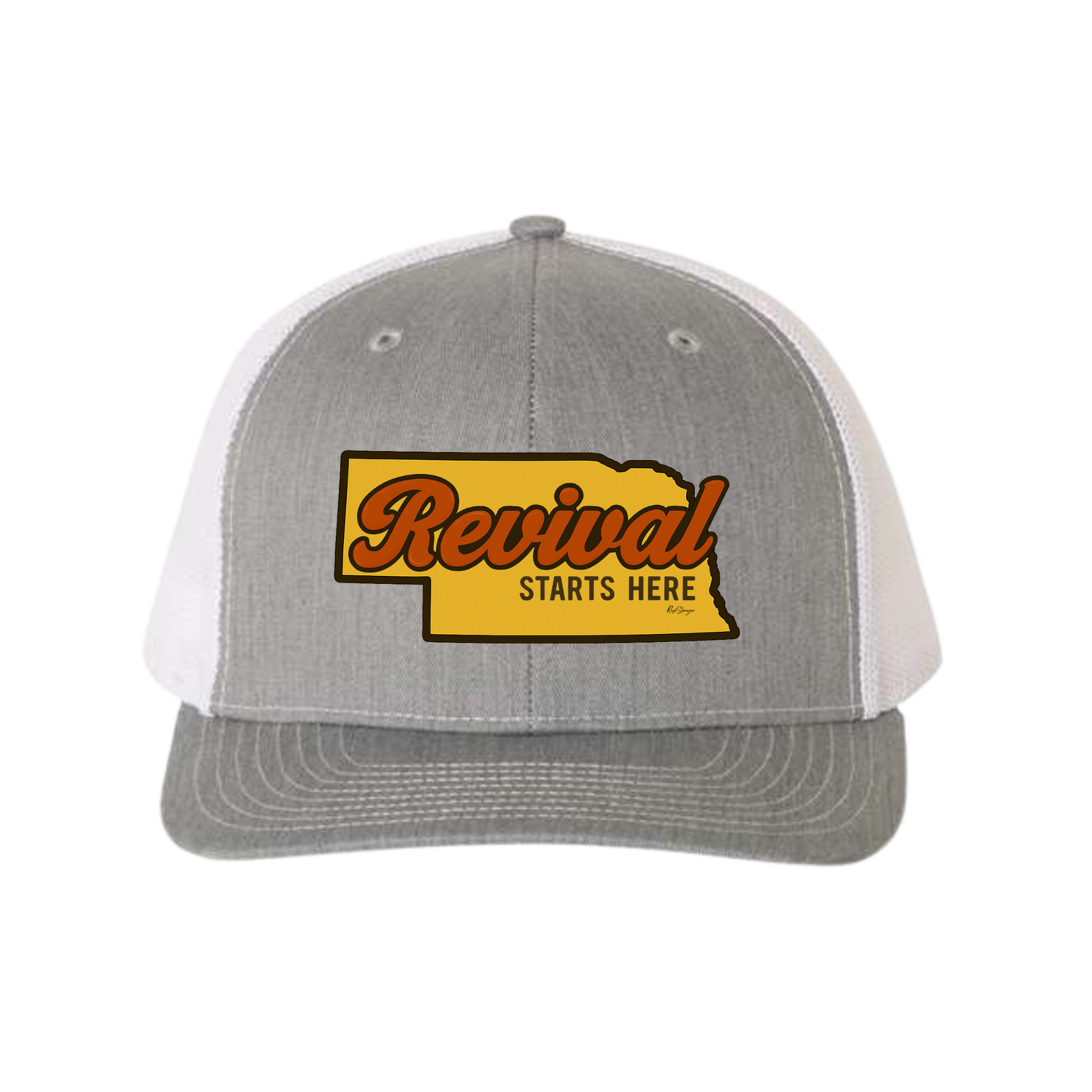 Grey trucker cap with 'Revival Starts Here' overlaying the state of Nebraska. 