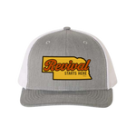 Grey trucker cap with 'Revival Starts Here' overlaying the state of Nebraska. 