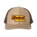 Khaki/Coffee trucker cap with 'Revival Starts Here' overlaying the state of Nebraska. 