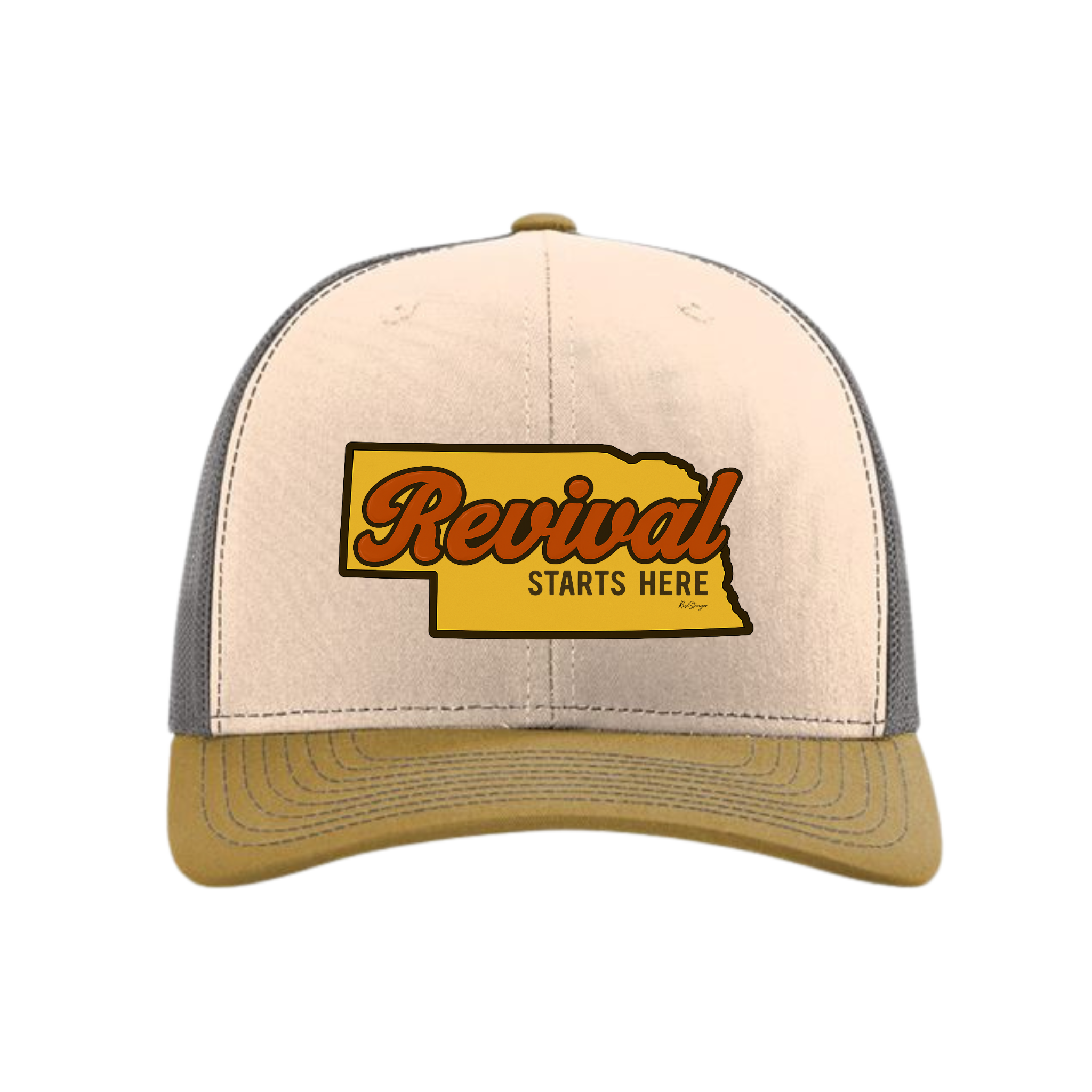 Beige and gray trucker cap with 'Revival Starts Here' overlaying the state of Nebraska. 