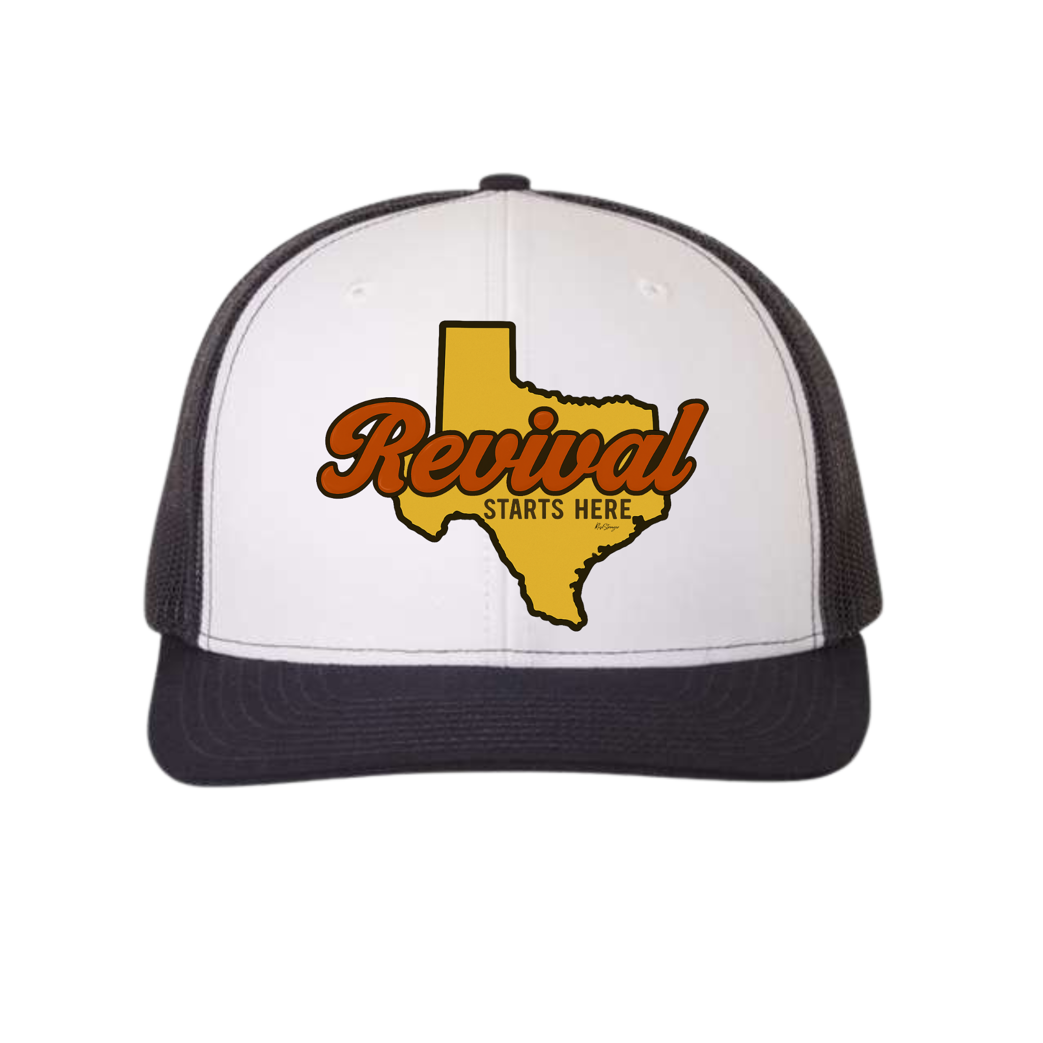 Black and white trucker hat with 'Revival Starts Here' overlaying the state of Texas