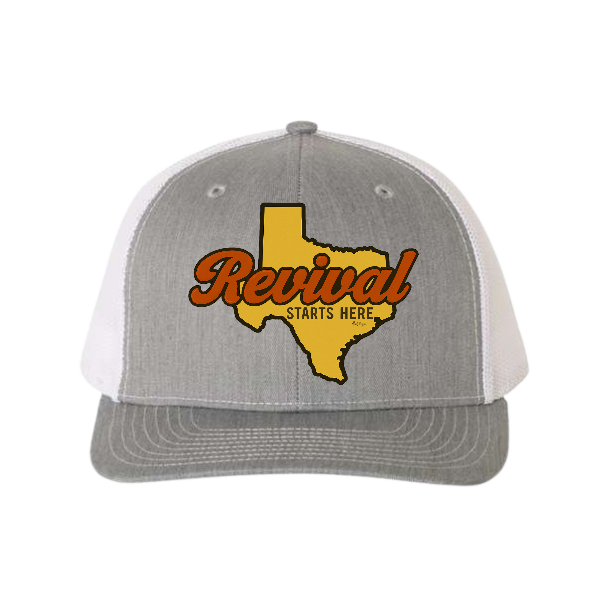 Gray and white cap with yellow Texas outline and 'Revival Starts Here' text.