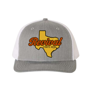 Gray and white cap with yellow Texas outline and 'Revival Starts Here' text.
