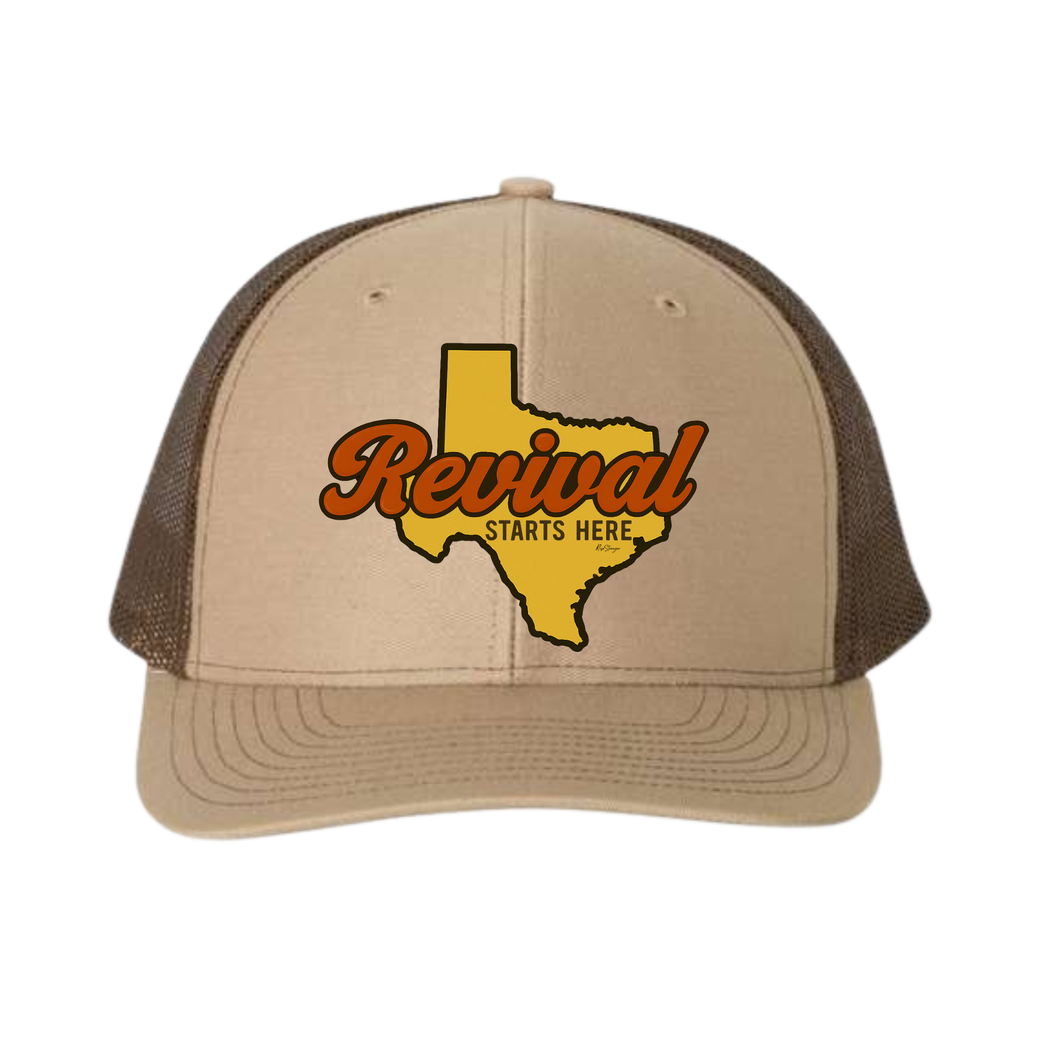 Beige and brown trucker hat with Texas outline and 'Revival Starts Here' 