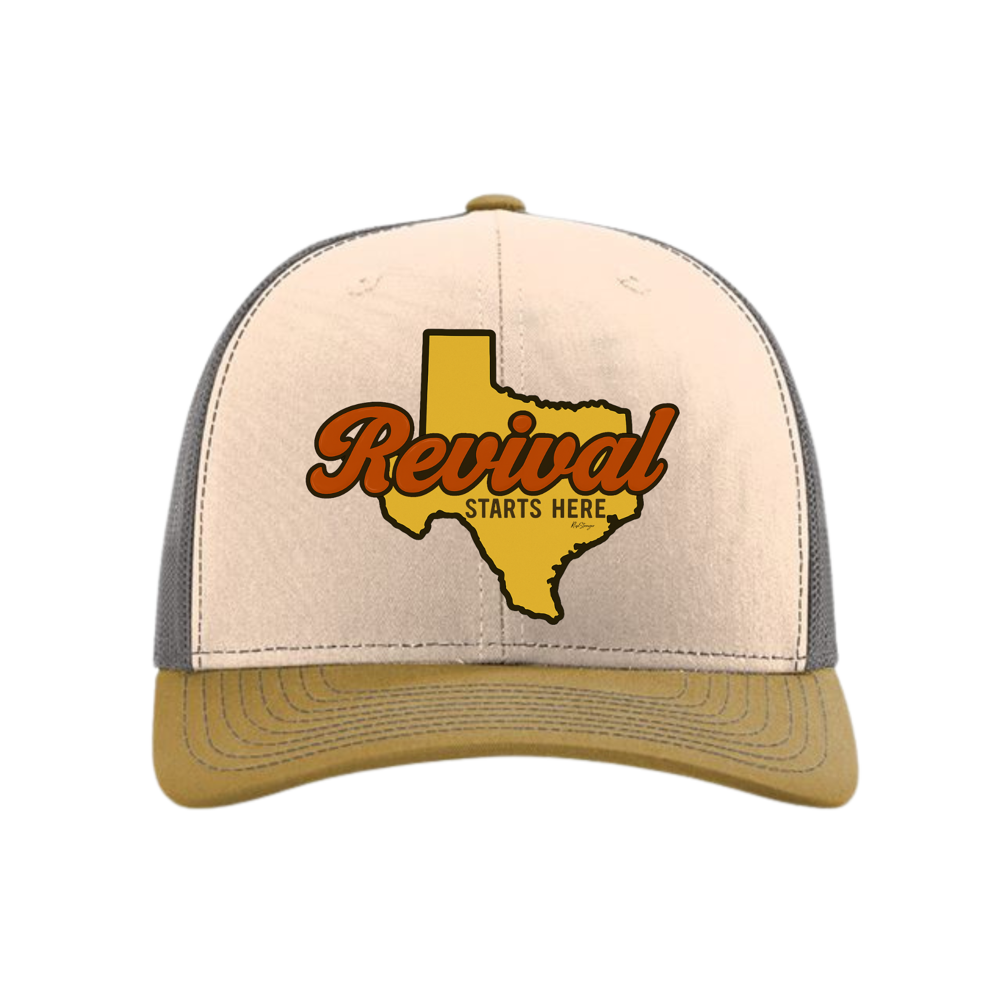 Beige, mink and charcoal trucker hat with 'Revival Starts Here' overlaying the state of Texas