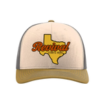 Beige, mink and charcoal trucker hat with 'Revival Starts Here' overlaying the state of Texas