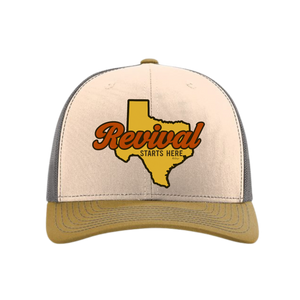 Beige, mink and charcoal trucker hat with 'Revival Starts Here' overlaying the state of Texas