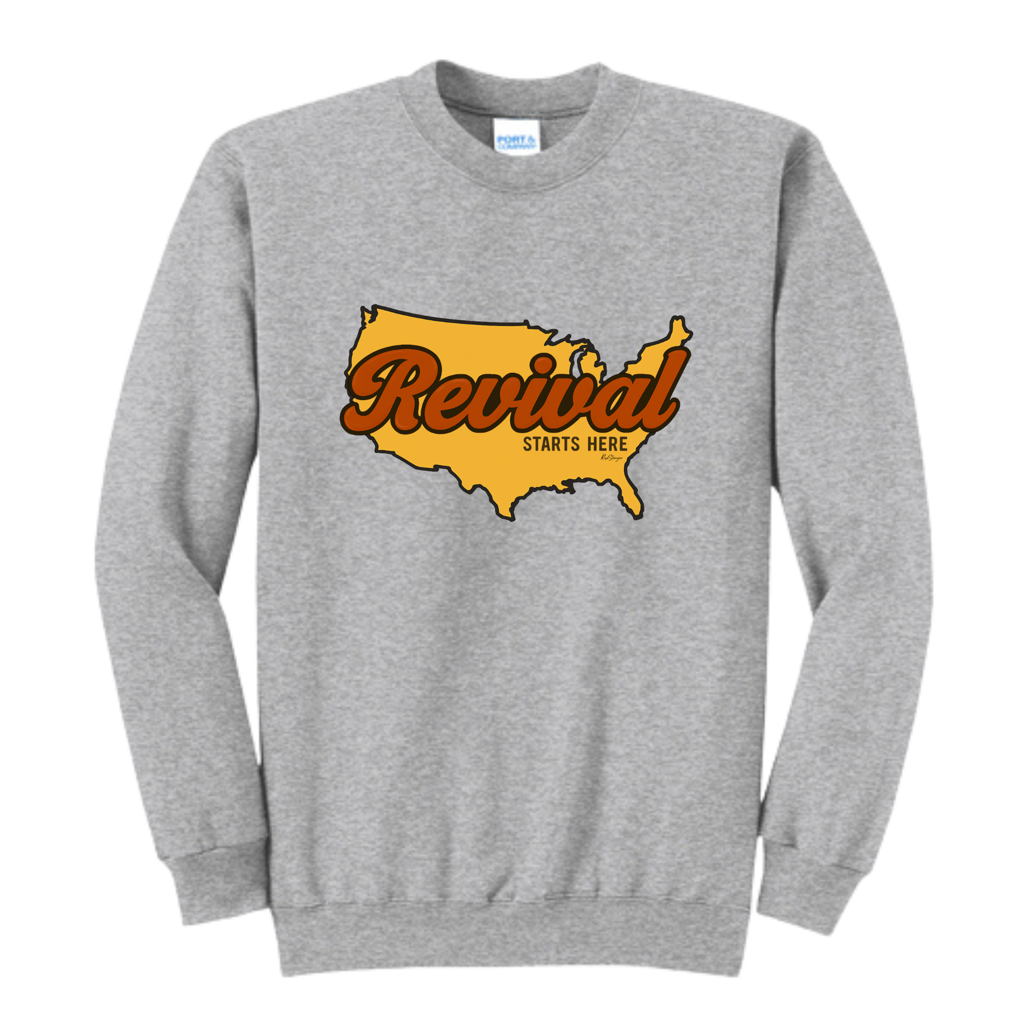 Athletic Grey Revival Starts Here USA crewneck sweatshirt from Rise Stronger & Co.  