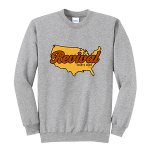 Athletic Grey Revival Starts Here USA crewneck sweatshirt from Rise Stronger & Co.  