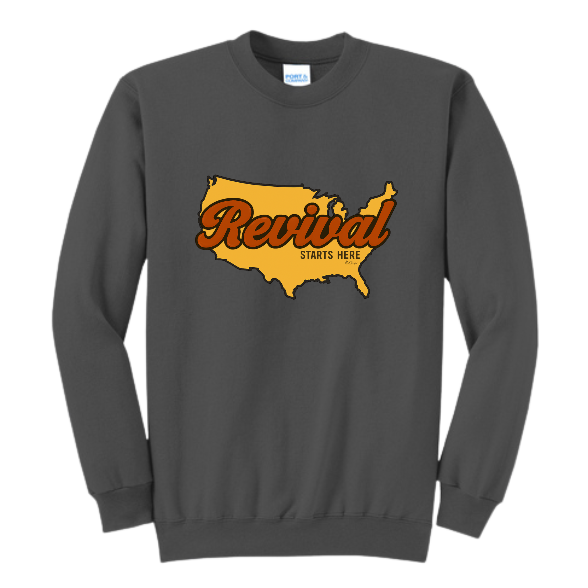 Charcoal crewneck sweatshirt with a map of the United States beneath REVIVAL STARTS HERE text. 